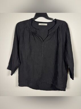HUMANOID Black Italian Linen Lagenlook Split V-Neck Boxy Top Sz M